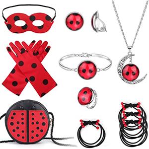 Hifot Lady Bug Travestimenti Bambina Set Accessori, Ladybug Maschera Guanti Borsa Elastici Capelli Collane Anelli Orecchini Bracciali, Costume Ladybug Bambina Vestiti Carnevale Rosso Nero Coccinella