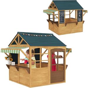 AIYAPLAY Casetta per Bambini in Legno di Abete, Casetta da Giardino Pieghevole con 5 Finestre, Tettoia, Porta e 2 Lavagne Nere, Casa da Esterno per Bimbi 3-8 Anni, 173x117x144 cm, Marrone