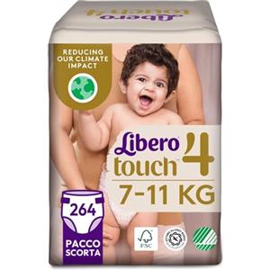 Libero, Pannolini Touch Open per Bambini, 264 Pannolini Taglia 4 per Bambini da 7-11 Kg, 6 Confezioni da 44 Pannolini Monouso