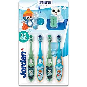 Jordan* | Step 2 Spazzolino da denti Bambini | Spazzolino per bambini di età 3-5 anni | Setole morbide, doppio manico ergonomico e senza BPA | Colore Blu & Verde | Confezione 4 unità