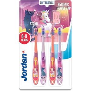 Jordan* Jordan ® | Step 3 Spazzolino da denti Bambini | Spazzolino per bambini di età 6-9 anni | Setole morbide, doppio manico ergonomico e senza BPA | Colore Rosa & Blu | Confezione 4 unità
