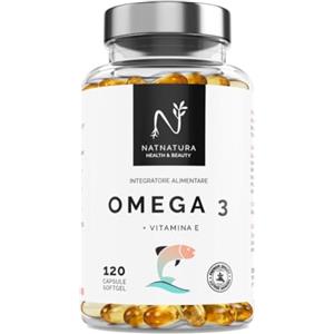 N NATNATURA HEALTH & BEAUTY Omega 3 massima concentrazione EPA - DHA. Acidi grassi Omega 3 (2000 mg) + Vitamina E a base di olio di pesce selvatico. 120 perle morbide
