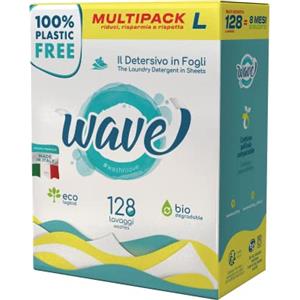 WaVe wash'n'love Wave Washing Classic - Il Detersivo in Fogli - 100% PLASTIC FREE - Multipack L - 128 Lavaggi - Made in Italy - Ecologico - Biodegradabile - Compostabile.