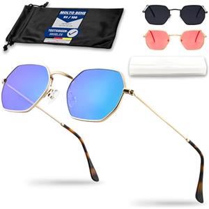 Netrox - Occhiali da sole angolare in stile retrò con montatura in metallo - custodia e astuccio in microfibra - 3 colori - Protezione UV400, vintage, uomo donna, lenti a specchio, sole, rotondi, blu