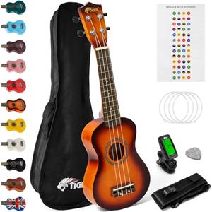 TIGER UKEKIT Set ukulele soprano per principianti include accordatore cromatico, tracolla, custodia, adesivi per note da tastiera, plettro in feltro, muta corde di ricambio - Sunburst, di corde Aquila