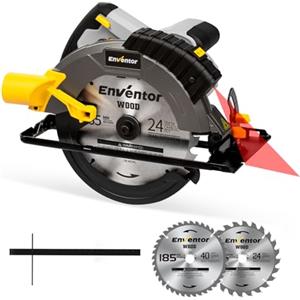 Enventor 1650W Sega Circolare con Guida Laser, Sega Circolare per Legno 5500RPM, Profondità di Taglio 62mm(90°), 46mm(45°), 2 Lame (185mm, 24T+ 40T), Motore in Rame Puro, per Tagliare il Legno