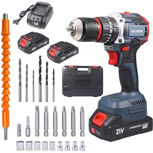 QIUMIN Trapano Avvitatore Batteria 21V, Brushless Avvitatore a Batteria con 2 Batterie da 2.0Ah, 55N.m di Coppia, 2 Velocità, 35+3 Coppia, 24 Accessori, Luce a LED, Per il fai da te, in Casa e Giardino