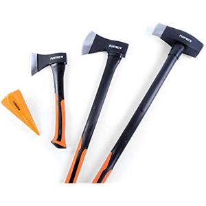 Fuxtec Set di 3 asce FUXTEC + cuneo a fissione - Ascia accetta scure da spacco- Manici in gomma - Nucleo in fibra di vetro - Superficie di spacco lucidata - Protettore in gomma per la superficie di spacco
