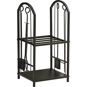 Outsunny Portalegna da Interno ed Esterno a 2 Ripiani in Metallo, Portalegna per Camino con Paletta, Scopa, Attizzatoio e Pinza, 41.5x32.5x74.5 cm, Nero