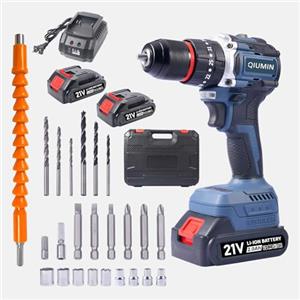 QIUMIN Trapano Avvitatore Batteria 21V, Brushless Avvitatore a Batteria con 2 Batterie da 2.0Ah, 45N.m di Coppia, 2 Velocità, 35+3 Coppia, 24 Accessori, Luce a LED, Per il fai da te, in Casa e Giardino