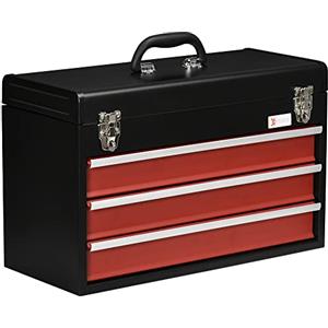 DURHAND Cassetta Porta Attrezzi in Acciaio, Valigetta Attrezzi Vuota con 3 Cassetti e Vassoio Superiore a Doppia Serratura, 51x22x32 cm, Rosso e Nero
