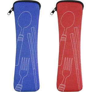 Vicloon 2 Pezzi Borsa per Posate da Viaggio, Portatile con Chiusura Lampo, in Neoprene, per Viaggi, Campeggio, Scuola, Picnic, 20 x 6 cm (Rosso/Blu Scuro)
