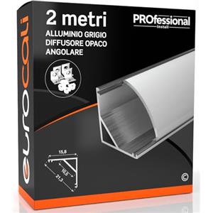 Eurocali 1x Profilo Angolare da 2 metri in Alluminio grigio per Strisce LED Copertura Opaca - larghezza max striscia led 10.5mm - 15.8 x 15.8