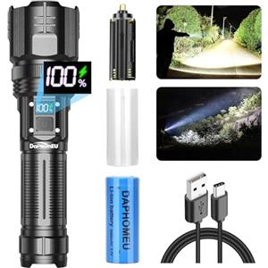 daphomeu Torcia Led Potente Professionale, 150000 Lumen Torcia Ricaricabile, Torcia Tattica Zoomabile, Con 5 Modalità Di Luce Per Campeggio, Escursionismo, Emergenaze