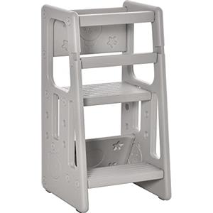 HOMCOM Scaletta per Bambini Torre Montessoriana Altezza Regolabile 3 Livelli, HDPE Inodore, 47x47x90cm, Grigio