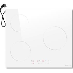 Noxton Piano Cottura Induzione 3 Fuochi, Piastra ad Elettrico 60cm Toccre Controll con Spina, 3500W Piastra Induzione di Timer, 9 Livello di Potenza, Spegnimento Automatico, Indicazione Calore, Bianco