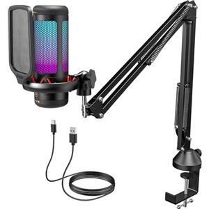 TONOR Gaming Mic, Microfono USB per PC PS4/5 con Supporto per Braccio, Micro a Condensatore Cardioide con RGB e Luminosità Regolabili, Mute Rapido, Controllo del Guadagno, per Streaming, Gaming TC310+