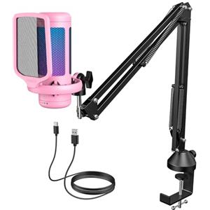 TONOR Gaming Mic, Microfono USB per PC PS4/5 con Supporto per Braccio, Micro a Condensatore Cardioide con RGB e Luminosità Regolabili, Mute Rapido, Controllo del Guadagno, per Streaming, TC310+ Rosa
