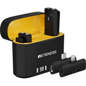 Retekess TG103 Microfono lavalier senza fili, Plug&Play (2TX+2RX), riduzione intelligente del rumore DSP, due capsule microfoniche, 7 ore di registrazione, per dispositivi mobili