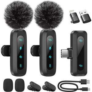WARM BOX Microfono Lavalier Wireless per iPhone, iPad, Telefoni Android, Confezione da 2 Mini Microfoni con Riduzione del Rumore, Accoppiamento Automatico, Mute e Riverbero per Vlogging e Registrazione Video