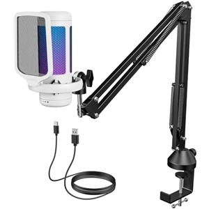 TONOR Gaming Mic, Microfono USB per PC PS4/5 con Supporto per Braccio, Micro a Condensatore Cardioide con RGB e Luminosità Regolabili, Mute Rapido, Controllo del Guadagno, per Streaming, TC310+ Bianco