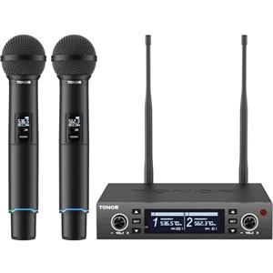 TONOR sistema microfono wireless, microfono ricaricabile professionale, microfono dinamico cordless in metallo 2x100 UHF per karaoke, chiesa, canto, matrimonio, riunione, DJ, Auto Scan, 100M, TW750