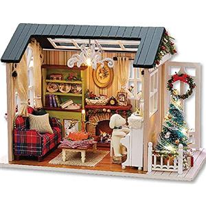 CUTEROOM Kit fai da te in miniatura per casa con mobili e luci LED, CUTEROOM 3D in legno per casa delle bambole dai 14 anni in su, da costruire, per adolescenti e adulti, compleanno Merry (Retro Holiday House)