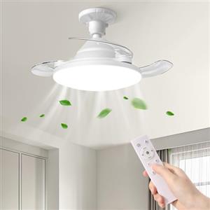 YISUN Ventilatore da Soffitto con Luce LED, 57CM Ventilatore da Soffitto con Invisibile Pale Retrattili, E27 Silenzioso Lampadario con Telecomando,Tempistica, 3 Tonalità Dimmerabile & 3 Velocità