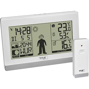 TFA Dostmann stazione radiocontrollata digitale Weather Boy, 35.1159.02, fase lunare, ora dell'alba/tramonto, temperatura e umidità, con sensore esterno, bianco
