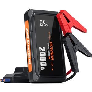 Powrun PX Avviatore Batteria Auto, 2000A Avviatore di Emergenza (Motori Fino a 6.0L Gas o 5.0L Diesel), 12V Booster Con Torcia a LED e Ingresso di Tipo C, Custodia da Trasporto