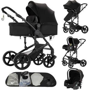 Dziranam Passeggino 3in1 reversibile convertibile con culla | Cornice triangolare & sospensione a doppia molla | Pieghevole con un clic per neonati e toddlers(Nero).