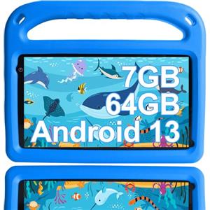 GOODTEL Tablet bambini Android 13 7GB RAM+64 GB ROM, Tablet per bambini 7 pollici, WiFi, Bluetooth, GPS, istruzione + giochi, doppia fotocamera, controllo genitori, con custodia EVA - Blu