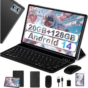 SUAAT Newest Tablet 10 Pollici Android 14 Tablet con 20GB RAM 128GB ROM 5G+2.4G WiFi, WiFi 6, Octa-Core, Widevine L1, GMS Certified Bluetooth 5.0, Tablet Touch con Tastiera| Mouse| Custodia - Nero