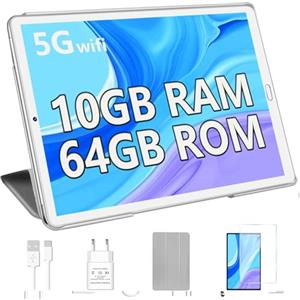 YESTEL Tablet 10 Pollici Android 13 con 10GB RAM + 64GB ROM (1TB Espandibile), GPS, 5G Wi-Fi, 8 Core CPU, 5MP + 8MP, BT 5.0, USB-C Tablet con Custodia, Argento