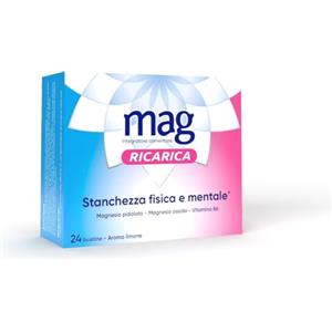 Mag Ricarica - Integratori per Adulti con Magnesio Pidolato, magnesio ossido, Vitamina B6, per Stanchezza Fisica e Mentale - Senza Glutine, Senza Lattosio (24 Bustine Aroma Limone)