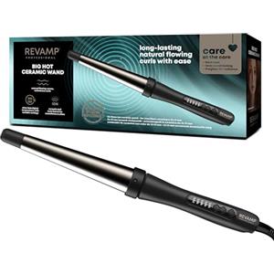 REVAMP Progloss Big Hot Wand, Ferro Arricciacapelli Conico in Ceramica con Tecnologia Ionica per Onde e Ricci Definiti, Infuso con Oli Protettivi, Diametro 32-19 mm, Temperatura 120°C-210°C, Nero