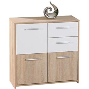 Inter Link - Cassettiera - Credenza - Cassettiera a 3 ante e 2 cassetti - 2 colori - Rivestimento melaminico - Imitazione rovere Sonoma e bianco - LxPxH : 77x30x77 cm - Eboli