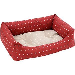 Baroni Home Cuccia per Cane in tessuto Rosso e Beige con Cuori Taglia S 45x60 cm, Morbido Divano Rettangolare, Comodo, per Camera da Letto Salotto Corridoio, Lavabile