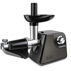 BLACK+DECKER BXMMA1000E - Tritacarne 300W (1000W max), acciaio inox, accessorio per salsa di pomodoro, beccuccio speciale per crocchette, accessorio per salsicce. 3 dischi per tritare e sminuzzare