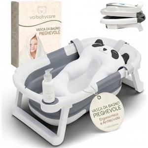 VALVANI Vaschetta Bagnetto Neonato Pieghevole Portatile Antiscivolo Valbabycare | Cuscino panda ergonomico, fino a 3 anni, chiusura compatta e facile da pulire.