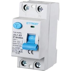 ETTROIT INTERRUTTORE DIFFERENZIALE PURO SALVAVITA PER BARRA DIN 2 MODULI 2P 16A 240V 300mA 6KA