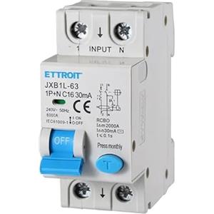 ETTROIT INTERRUTTORI MAGNETOTERMICI DIFFERENZIALI SALVAVITA PER BARRA DIN 2 MODULI 1P+N 240V 30mA 6KA (16A)