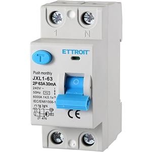 ETTROIT INTERRUTTORE MAGNETOTERMICO DIFFERENZIALE PURO SALVAVITA PER BARRA DIN 2 MODULI 2P 63A 240V 30mA 6KA