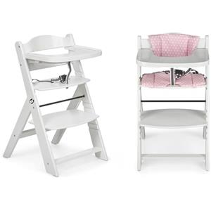 Ms BabyWorld Seggiolone Full per bambini in legno, completamente, evolutivo, seggiolone, ergonomico, regolabile, sicuro, Bianco/Rosa