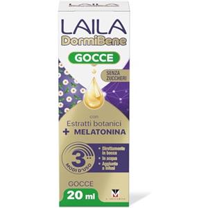 Laila DormiBene Gocce Integratore alimentare per il sonno con Estratti Botanici e Melatonina per favorire un rapido addormentamento, Confezione da 20 ml, Senza zuccheri, Senza alcool