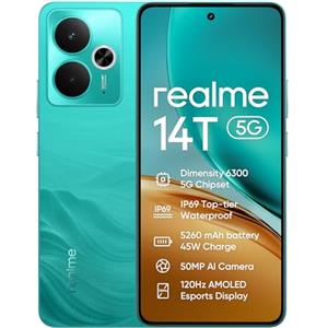 realme Smartphone realme 14T 5g, 8+256GB,batteria 5260 mAh,Processore Dimensity 6300, IP69, display 120Hz,Fotocamera AI da 50MP, Surf Green, esclusiva Amazon(Nessun adattatore)