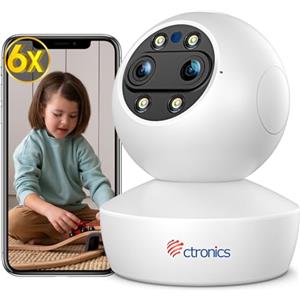 Ctronics Telecamera WiFi con doppio obiettivo e zoom 6×, Auto Tracking, Videocamera Sorveglianza Interno con Visione notturna a colori, 8 Posizioni predefinite, Compatibile con PC e Cloud