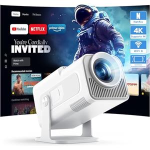 WOLFANG 4K Mini Proiettore【App Integrata/Netflix Ufficiale】, 26000 Lumen Proiettore Portatile con WiFi 6, 50% Zoom, Ruotabile 180° Videoproiettore per Home Theater/TV Stick/iOS/Android/PC/PS5/HDMI/AV