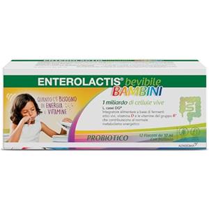 ENTEROLACTIS Bambini bevibile, Integratore Alimentare di Fermenti Lattici Vivi L,Casei DG, 1 Miliardo di Cellule Vive, Con Fruttosio, Senza Glutine e Lattosio, 12 Flanconcini da 10ml, Gusto Lampone