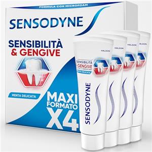 Sensodyne Dentifricio Sensibilità & Gengive, per Denti sensibili e Fastidi Gengivali, Igiene Dentale Quotidiana, Gusto menta, Maxi formato 4x75ml